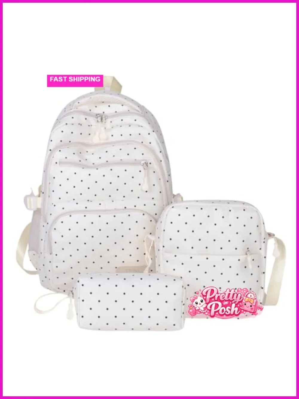 Polka Dot Nylon Backpack Set with Crossbody & Pouch